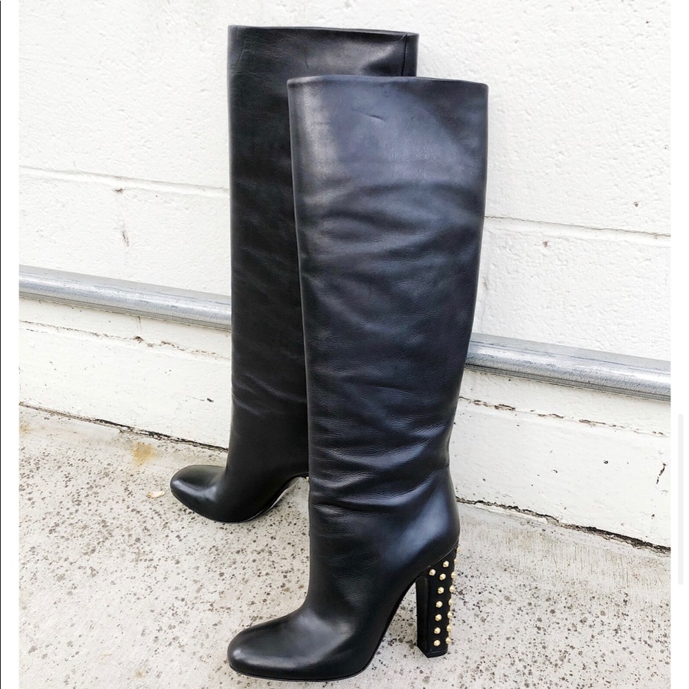 GUCCI Boots,  Black Leather, Gold Studded Heel